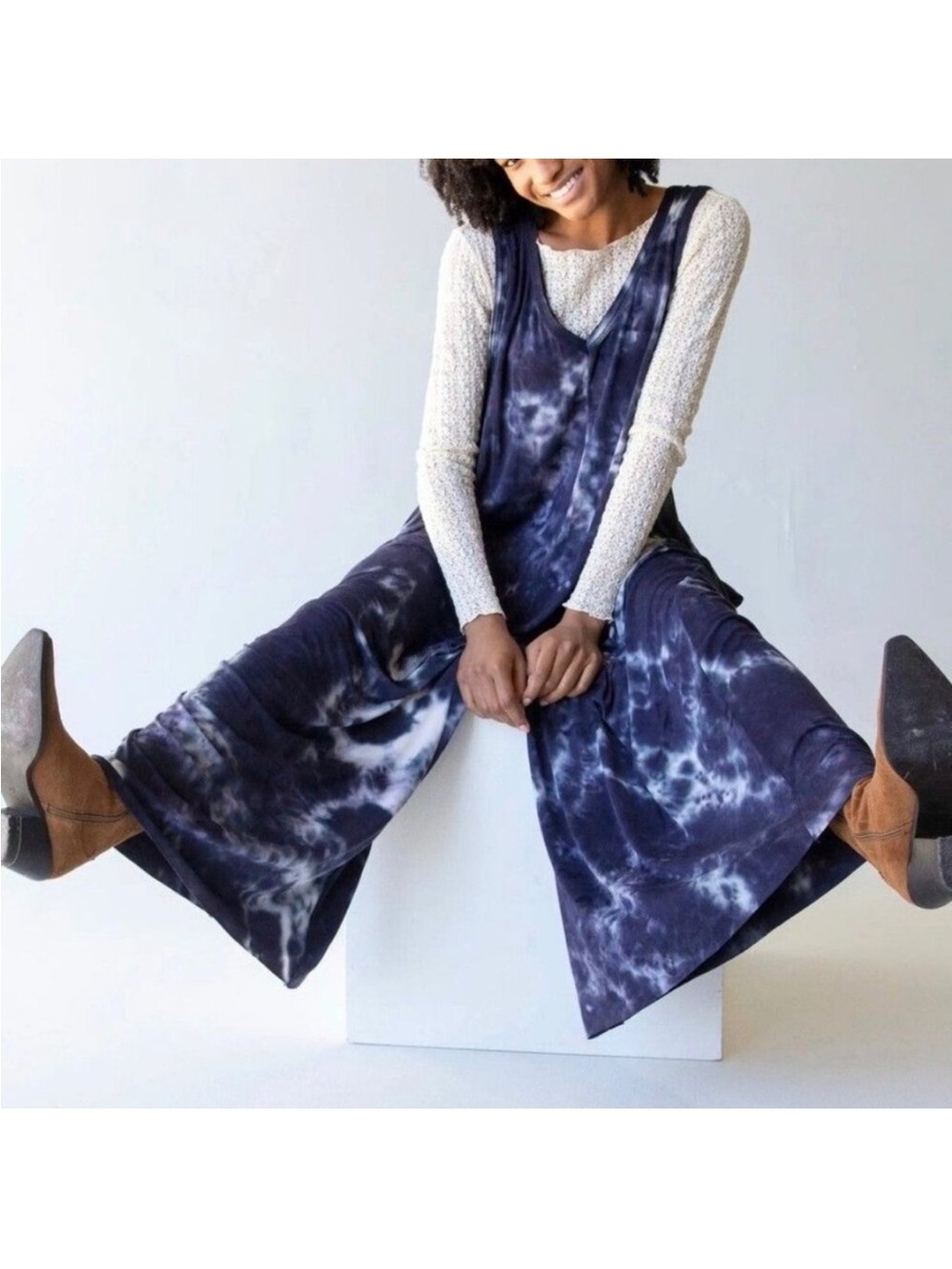 NWT: Natural Life Boho Midnight Sleeveless Tie Dye Wide Leg Jumpsuit• OS - Picture 2 of 5